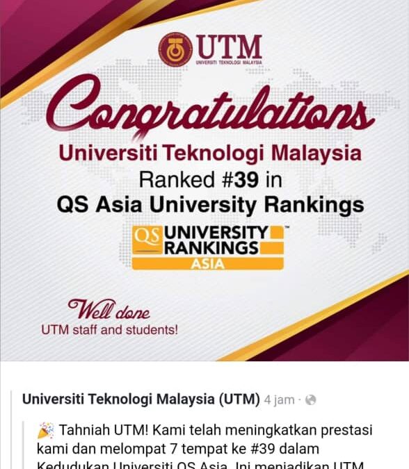 Congratulations UTM! Ranked #39 in QS Asia University Rankings